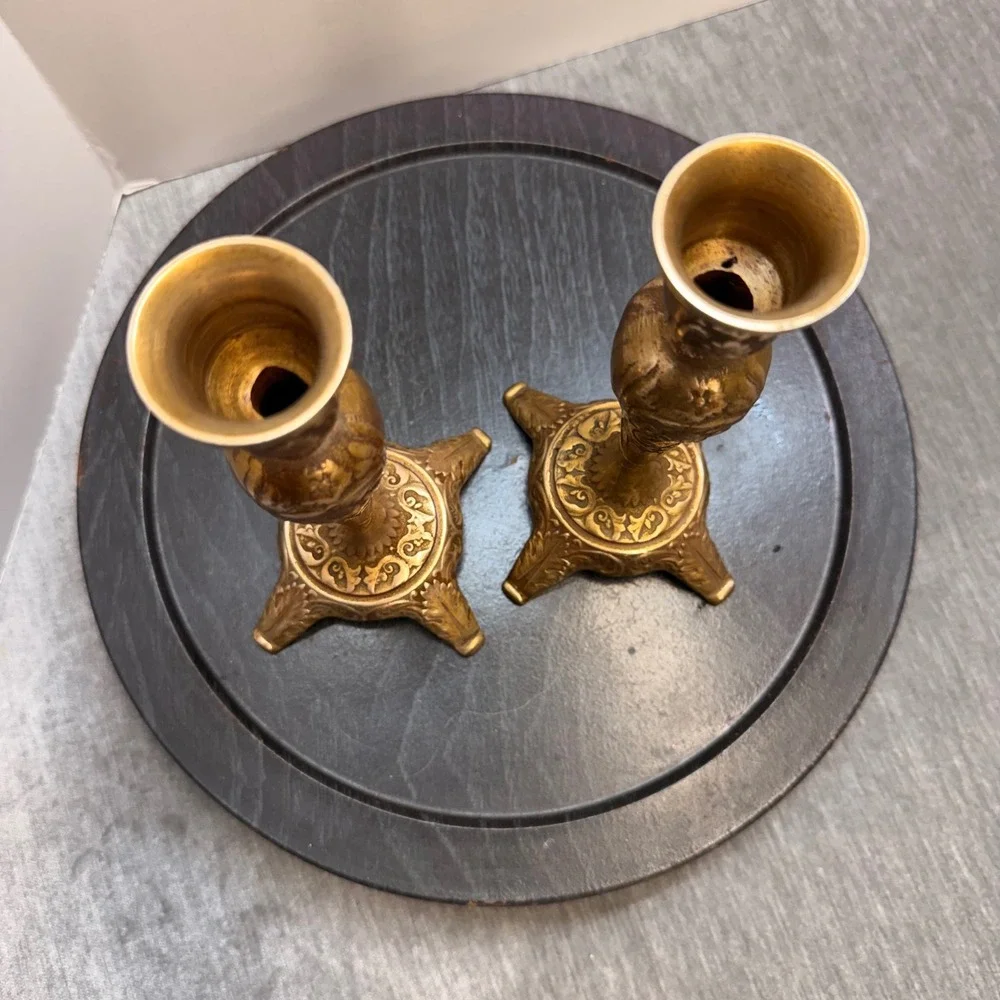 Vintage Brass Taper Candlestick Holders Pair Ornate Victorian Style Floral 7.5in